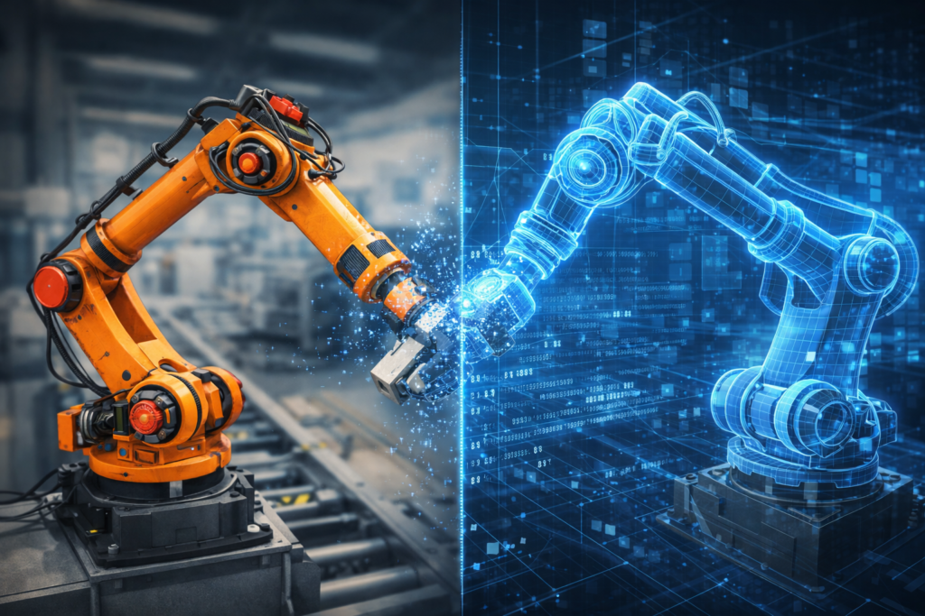 Brazo robótico industrial naranja en entorno físico junto a su gemelo digital virtual en azul mostrando concepto de fabricación inteligente Industria 4.0
