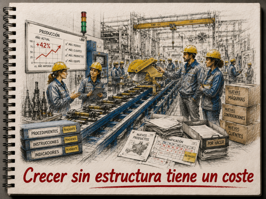 PYMEs industriales crecimiento sin estructura operativa – fábrica con trabajadores y producción desbordada