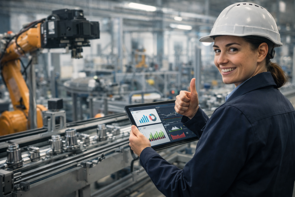 Profesional de Departamento de Calidad supervisando producci\u00f3n industrial con indicadores