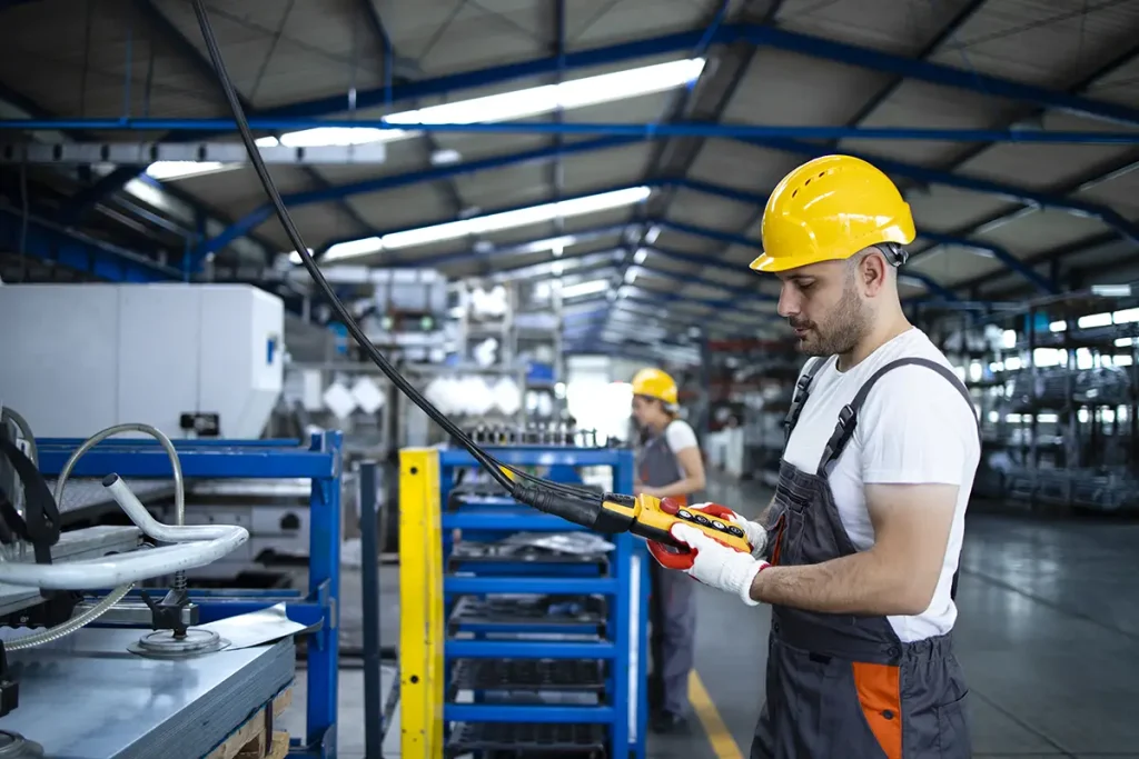 Operario en entorno industrial ergonómico con equipos de protección