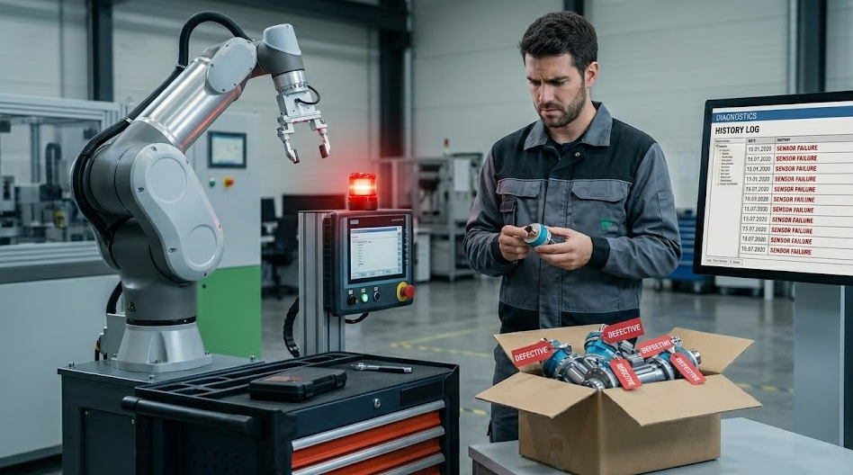 Ingeniero industrial supervisando brazo robótico en entorno de control de calidad de empresa