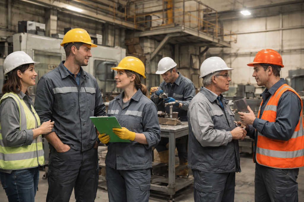 Equipo de ingenieros industriales discutiendo gestión de calidad en planta de producción
