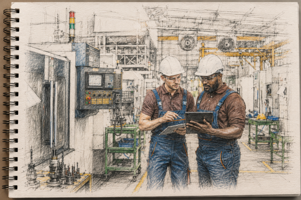 Técnicos industriales revisando indicadores operativos en fábrica – madurez del sistema en PYMEs industriales