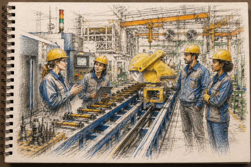 Equipo de operarios en PYME industrial analizando proceso productivo – debilidades operativas por crecimiento rápido