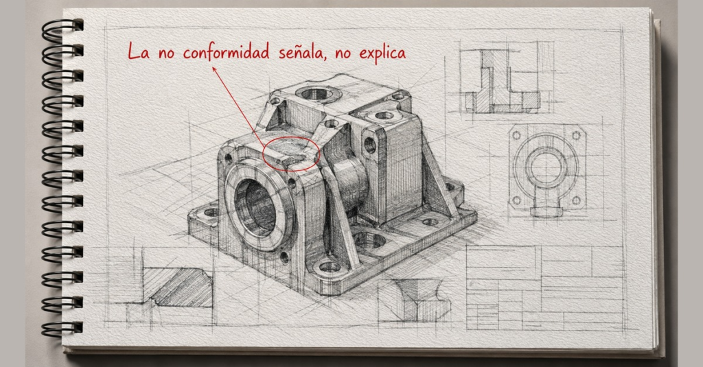 Boceto técnico de pieza mecánica con anotación: la no conformidad señala el problema, no explica su causa raíz