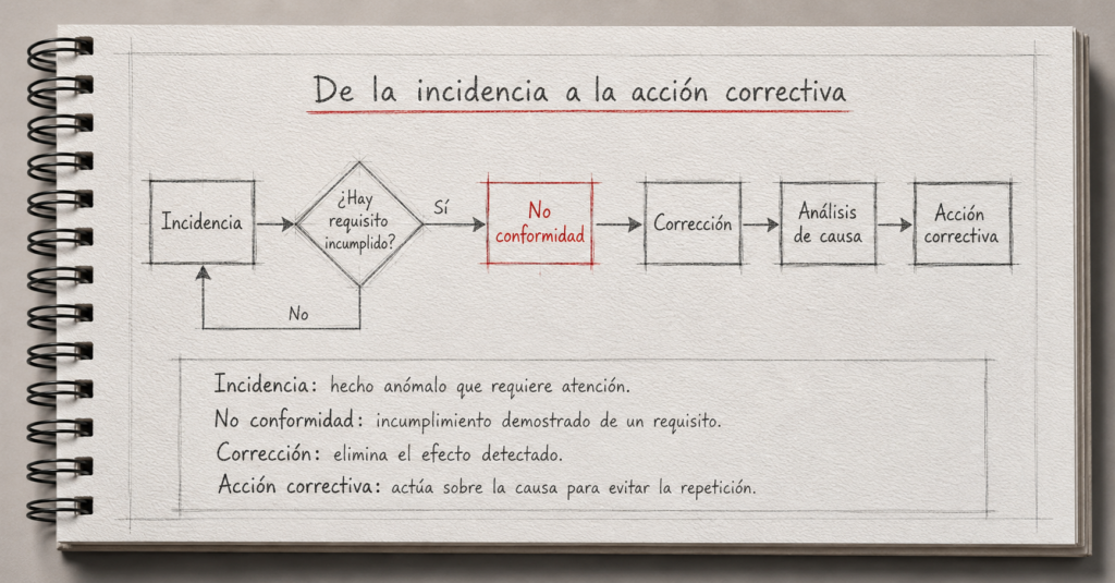 Diagrama de flujo ISO 9001: del proceso de incidencia a la no conformidad, corrección, análisis de causa y acción correctiva